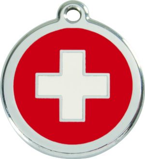 Médaille personnalisée RED DINGO Drapeau Suisse ronde pour chien & chat – Gravure laser durable – Ultra résistante