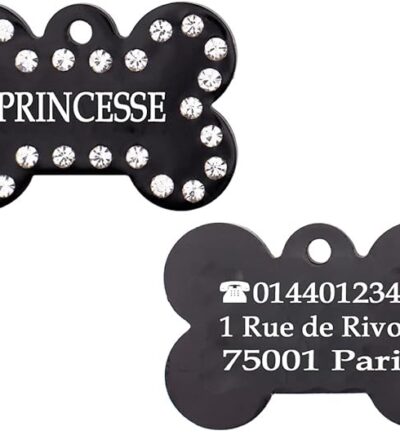 Médaille chien en aluminium noir avec strass – Collection Alu