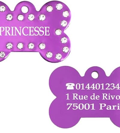 Médaille chien en aluminium Violet avec strass – Collection Alu
